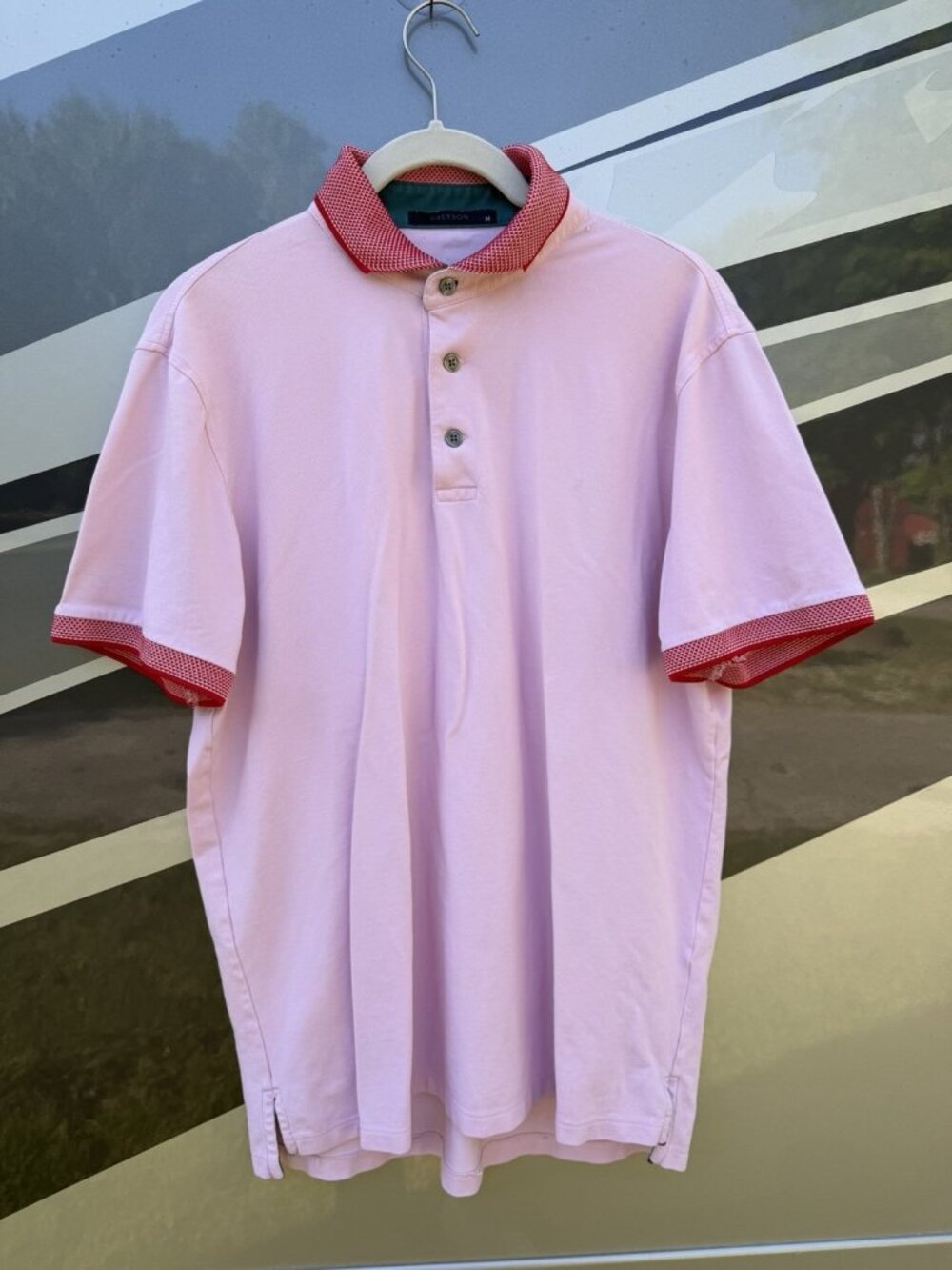 GREYSON pink golf polo contrasting red collar sleeves lightweight M athleisure